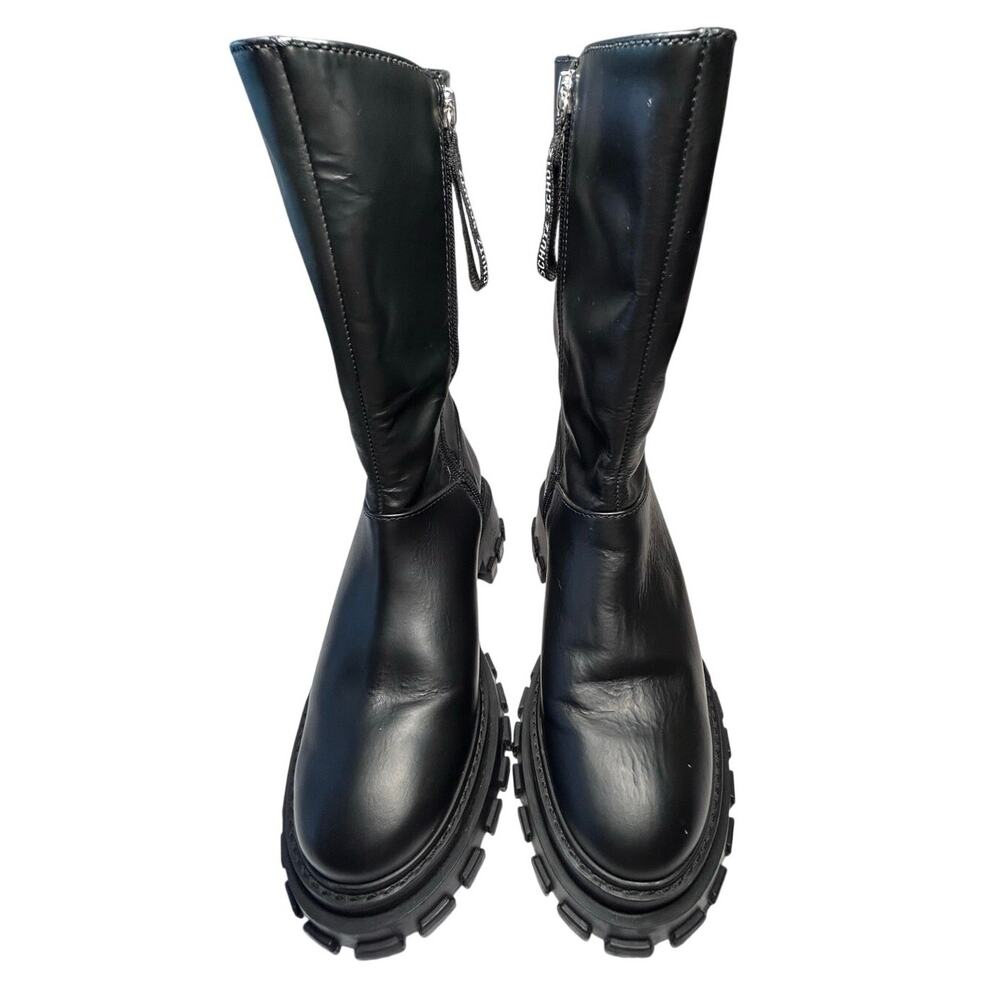Schutz Juany Black Rounded Toe Mid Calf Lug Sole Block Heeled Boots (Black, 8.5)